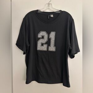 H&M Black T-Shirt with Silver '21' Graphic, Medium